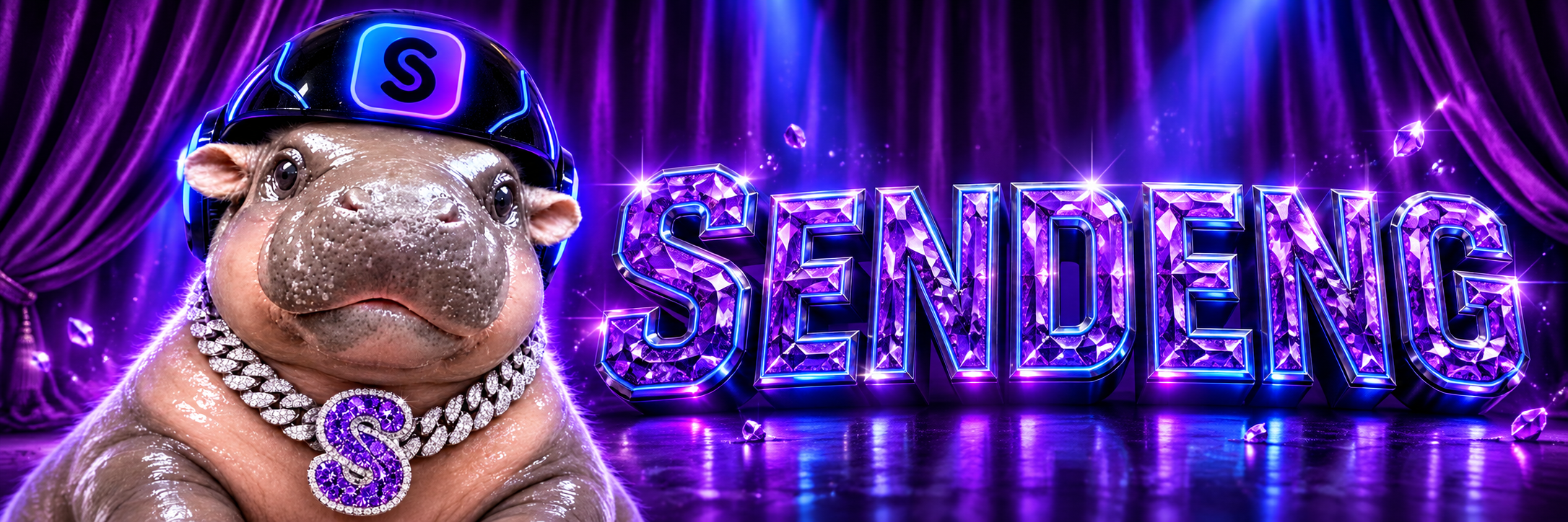 SENDENG banner with the hippo mascot and gem lettering